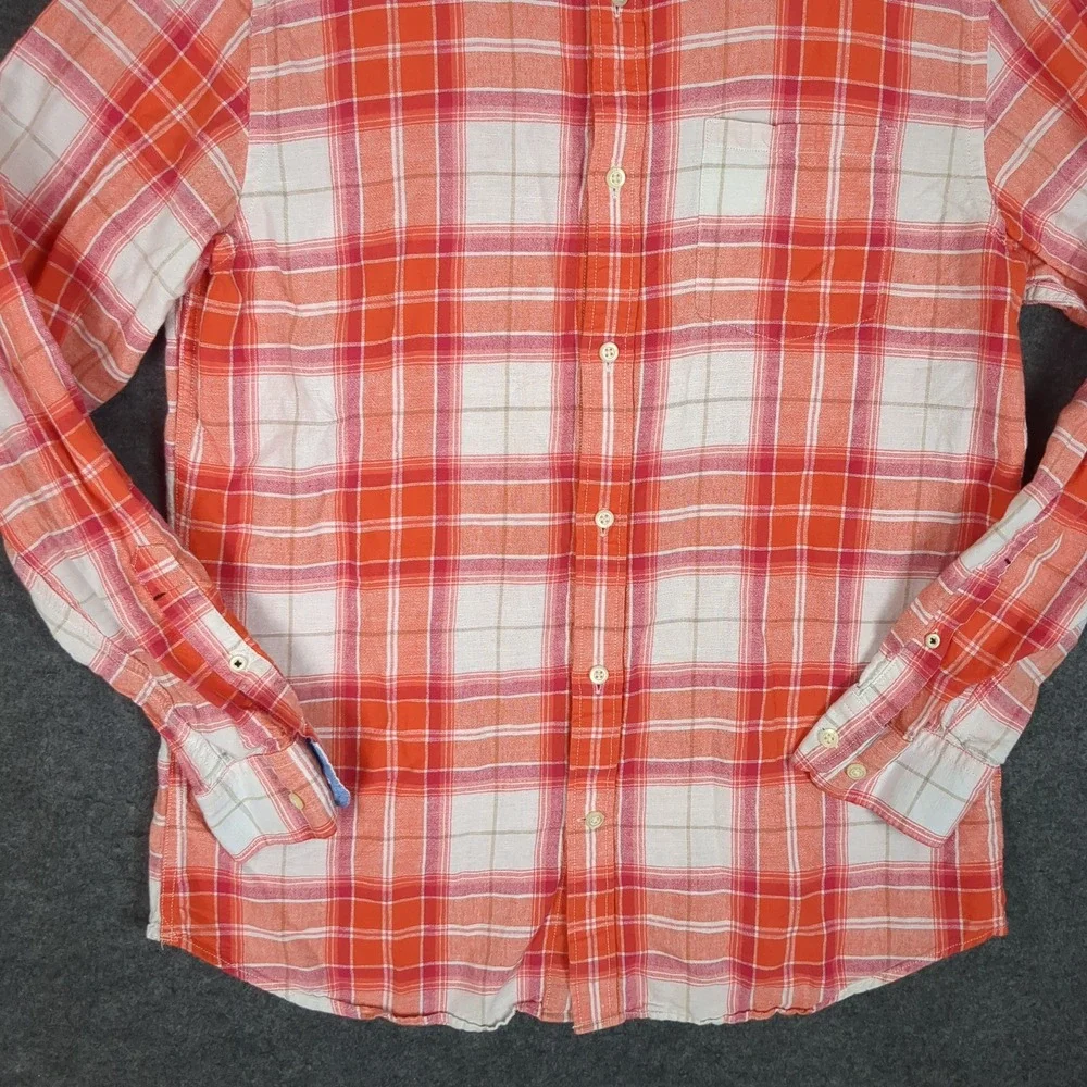 Banana Republic Slim Fit Plaid Button Down Shirt Mens Large Orange White Linen